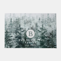Modern Rustic Winter Green Forest Family Monogram Deurmat