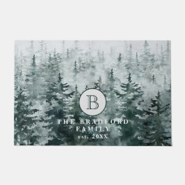 Modern Rustic Winter Green Forest Family Monogram Deurmat