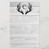 Modern Rustic Wood & Black Deer Antlers | Monogram Briefpapier (Voorkant)