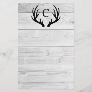 Modern Rustic Wood & Black Deer Antlers Monogram Briefpapier