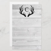 Modern Rustic Wood & Black Deer Antlers | Monogram Briefpapier (Voorkant / Achterkant)
