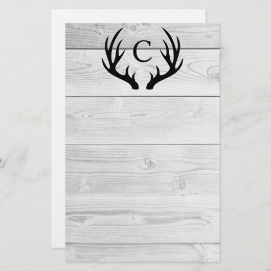 Modern Rustic Wood & Black Deer Antlers | Monogram Briefpapier (Voorkant / Achterkant)