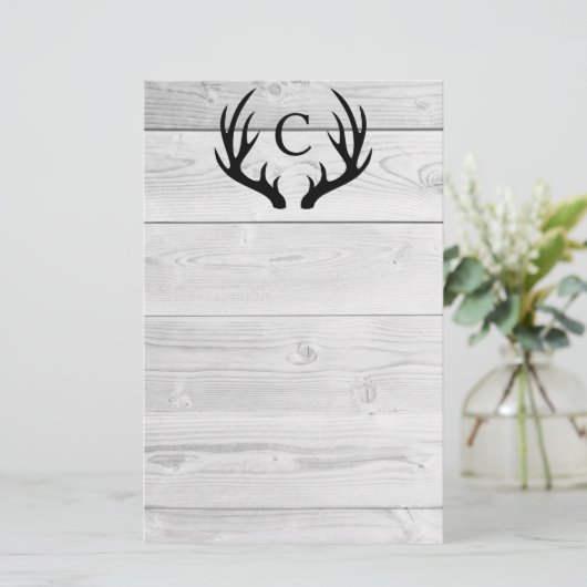 Modern Rustic Wood & Black Deer Antlers | Monogram Briefpapier (Staand voorkant)