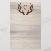Modern Rustic Wood & Brown Deer Antlers | Monogram Briefpapier (Voorkant)