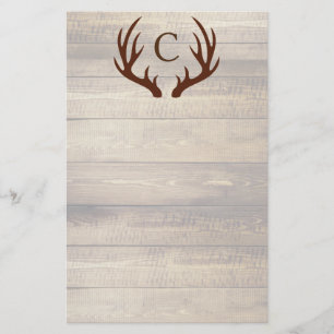 Modern Rustic Wood & Brown Deer Antlers Monogram Briefpapier