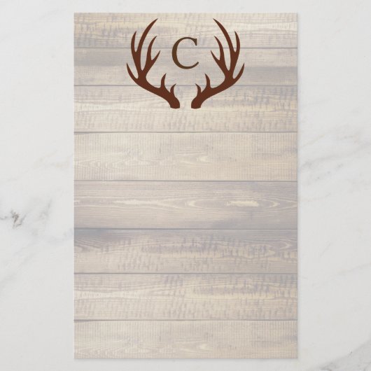 Modern Rustic Wood & Brown Deer Antlers | Monogram Briefpapier (Voorkant)