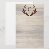 Modern Rustic Wood & Brown Deer Antlers | Monogram Briefpapier (Voorkant / Achterkant)