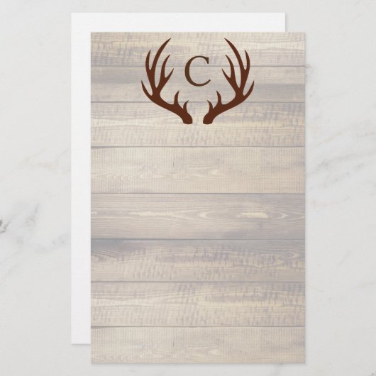 Modern Rustic Wood & Brown Deer Antlers | Monogram Briefpapier (Voorkant / Achterkant)