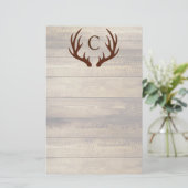 Modern Rustic Wood & Brown Deer Antlers | Monogram Briefpapier (Staand voorkant)