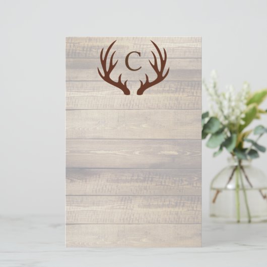 Modern Rustic Wood & Brown Deer Antlers | Monogram Briefpapier (Staand voorkant)