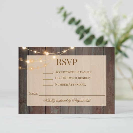 Modern Rustic Wood Floral Lights RSVP Card (Staand voorkant)