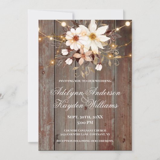 Modern Rustic Wood Floral Lights Wedding  Kaart (Voorkant)