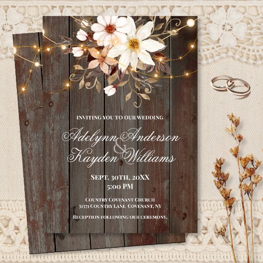 Modern Rustic Wood Floral Lights Wedding Kaart