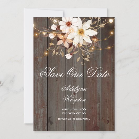 Modern Rustic Wood Floral Lights Wedding Save The Date (Voorkant)