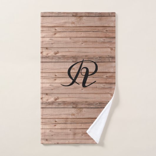 Modern Rustic Wooden Pattern Monogram Bad Handdoek (Handdoek)