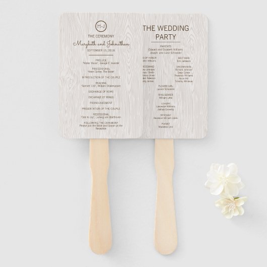 Modern Rustic Woodgrain Wedding Ceremony Programme Handwaaier (Voorkant en achterkant)