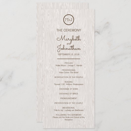 Modern Rustic Woodgrain Wedding Ceremony Programme Programmakaart (Voorkant / Achterkant)
