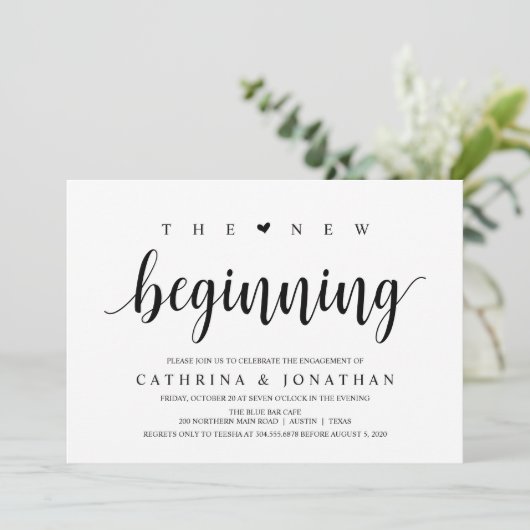 Modern Rustic, zwart script, Engagement Party Kaart (Staand voorkant)