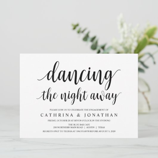 Modern Rustic, zwart script, Engagement Party Kaart (Staand voorkant)