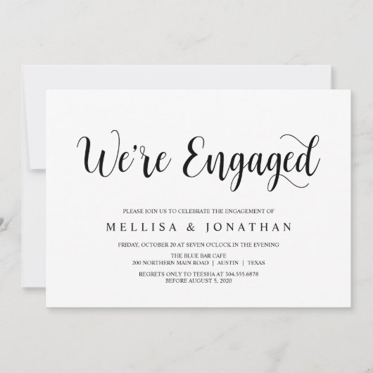 Modern Rustic, zwart script, Engagement Party Kaart (Voorkant)