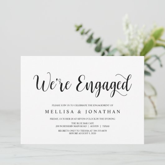 Modern Rustic, zwart script, Engagement Party Kaart (Staand voorkant)