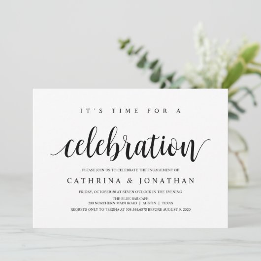 Modern Rustic, zwart script, Engagement Party Kaart (Staand voorkant)