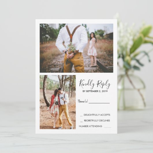 Modern rustiek elegant foto bruiloft RSVP Kaart (Staand voorkant)