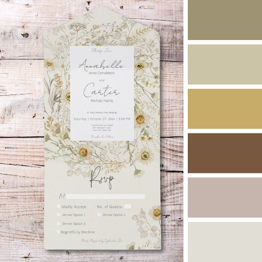 Modern rustiek gedroogd madeliefjes bloemendiner all in one uitnodiging