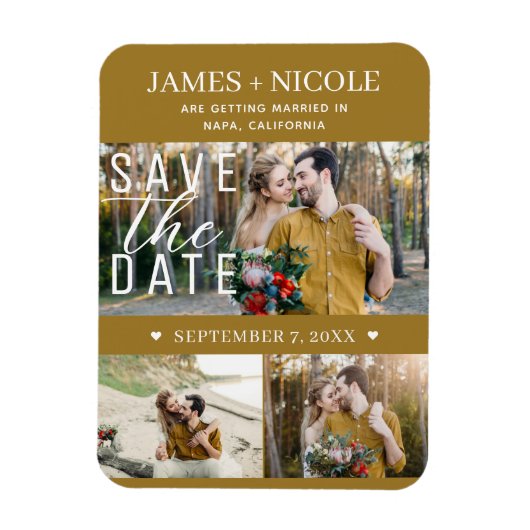 Modern Rustiek Goud Save the Date Wedding 3 Foto's Magneet (Verticaal)