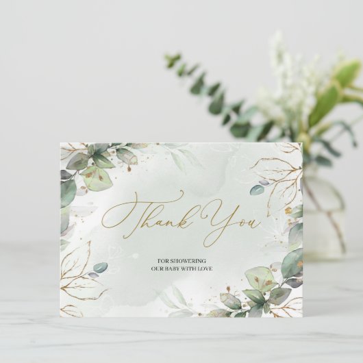 Modern Rustiek groen bloemblaadjes en faux goud Bedankkaart (Staand voorkant)