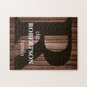 Modern rustiek hout familie monogram legpuzzel (Horizontaal)