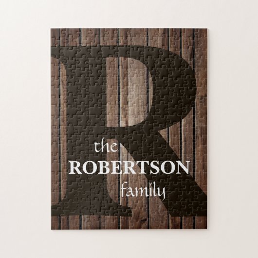 Modern rustiek hout familie monogram legpuzzel (Verticaal)