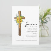 Modern rustiek hout kruis bloem groen bruiloft save the date (Staand voorkant)