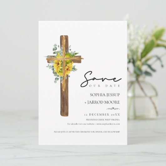 Modern rustiek hout kruis bloem groen bruiloft save the date (Staand voorkant)