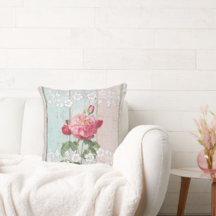 Modern rustiek hout Roze bloemen Trendy Kussen