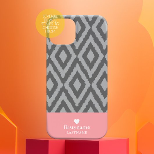 Modern Rustiek Ikat Grijs Koraal Hart Monogram Case-Mate iPhone Case