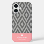 Modern Rustiek Ikat Grijs Koraal Hart Monogram Case-Mate iPhone Case (Achterkant)