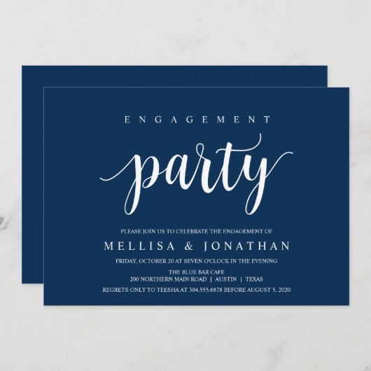 Modern rustiek, marine blauw script, verlovingsfee kaart (Voorkant / Achterkant)