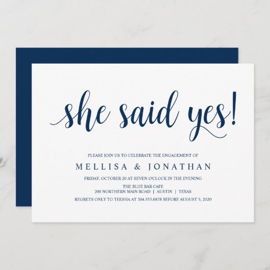 Modern Rustiek, Marine Blauw script, Verlovingsfee Kaart (Voorkant / Achterkant)