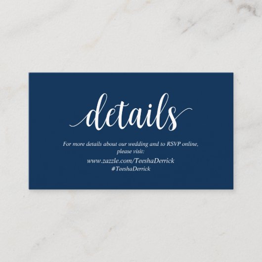Modern rustiek, marineblauw, bruiloft details informatiekaartje (Voorkant)