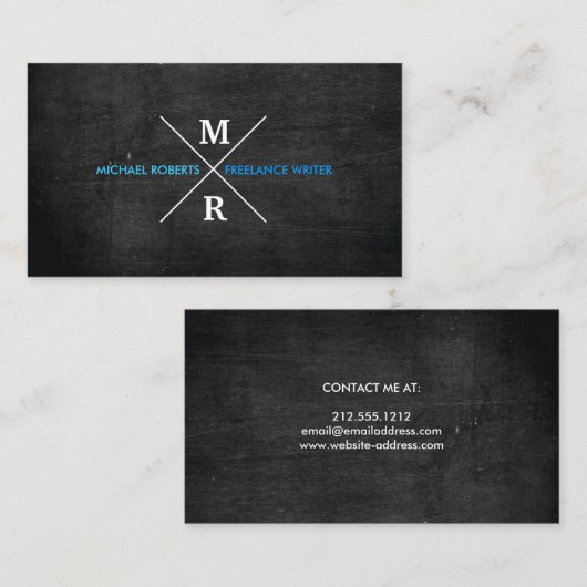 MODERN RUSTIEK MONOGRAM Blauwe Tekst & Zwart Hout Visitekaartje (Voorkant / Achterkant)