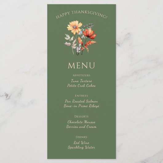 Modern rustiek olijfgroen Thanksgiving diner Menu (Voorkant)