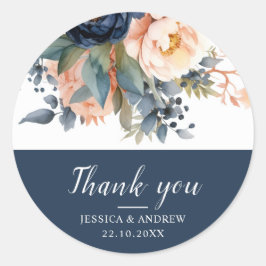 Modern rustiek rood & marine blauw bloemenbruiloft ronde sticker