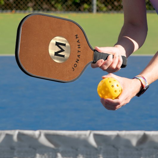 Modern Sable Leather Gold Classic Monogram Pickleball Paddle (Insitu)