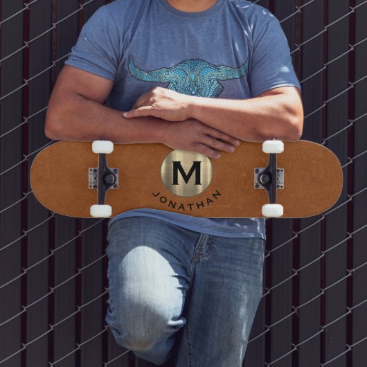 Modern Sable Leather Gold Monogram Persoonlijk Skateboard (Buiten 3)