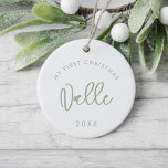 Modern Sage Font Baby's eerste kerstfoto Keramisch Ornament<br><div class="desc">Mijn eerste kerst: Baby's mijlpaal ornament met een foto,  met een moderne salie groene typografie.</div>