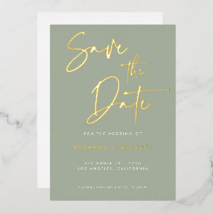 Modern Sage Gold Calligraphy Script Wedding Folie Uitnodiging