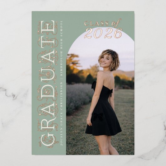 Modern Sage Graduation Rose Gold Foil Invitation Folie Uitnodiging (Voorkant)