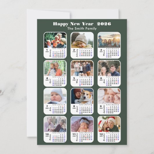 Modern Sage Green 2025 Kalender 12 Fotocollage Feestdagenkaart (Voorkant)