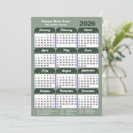 Modern Sage Green 2025 Kalender Minimalistisch Scr Feestdagenkaart (Staand voorkant)